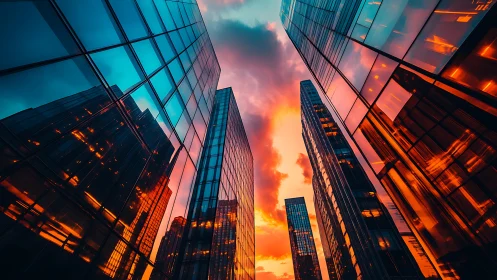 Glass skyscrapers mirror sunset fire across urban canyon