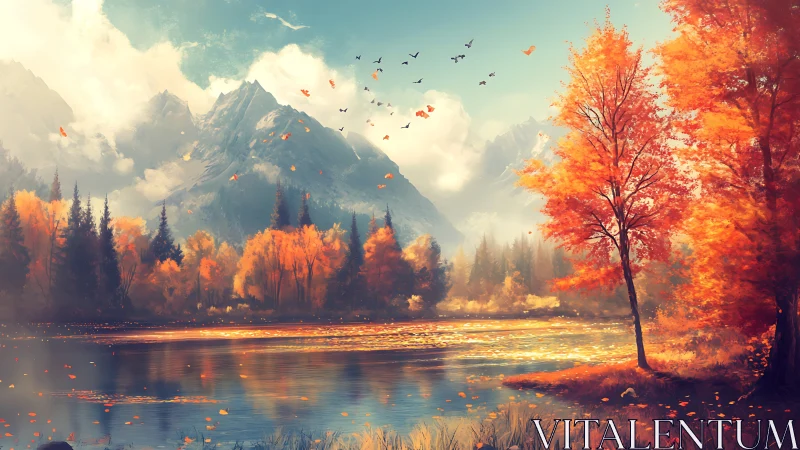 Autumn lake below snowy mountain peaks under golden light.