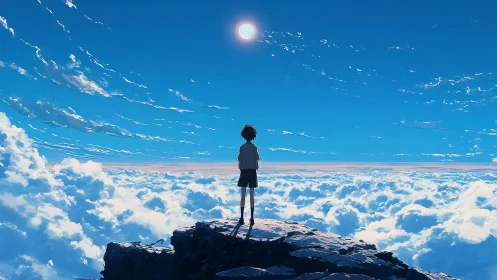 Solitary figure above stratocumulus cloud sea under zenith sun