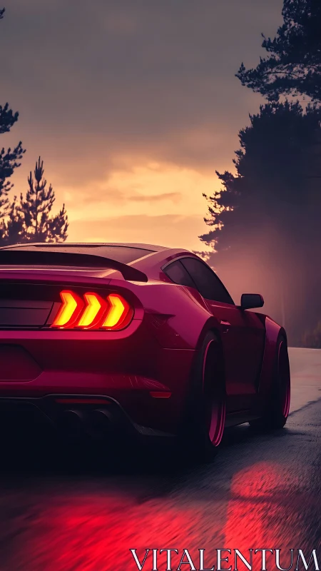 Crimson muscle car hums toward dusk through rainlit forest roads