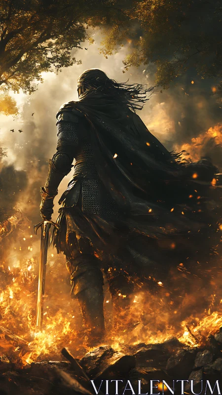 Armored warrior crossing incendiary battlefield with sword drawn.