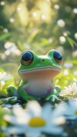 Sunny meadow frog resting among gentle white daisies.