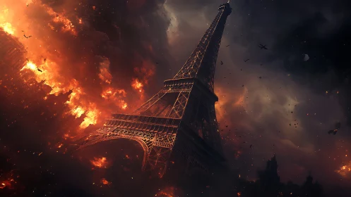 Eiffel Tower engulfed in flames and smoke.