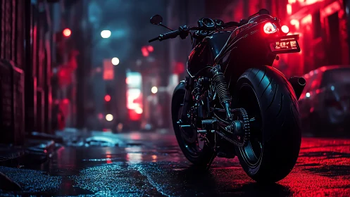 Midnight sport bike in neon drenched cyberpunk alleyway.