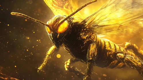 Golden insect close-up with translucent wings in motion.