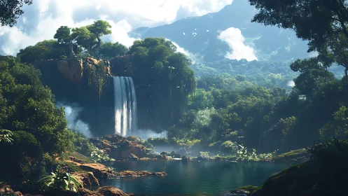 Lush jungle waterfall cascades into tranquil emerald pool