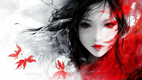 Monochrome female portrait sliced by red abstract brushstrokes