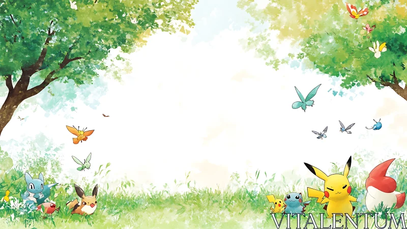 Sunny meadow gathering with playful anime creatures.