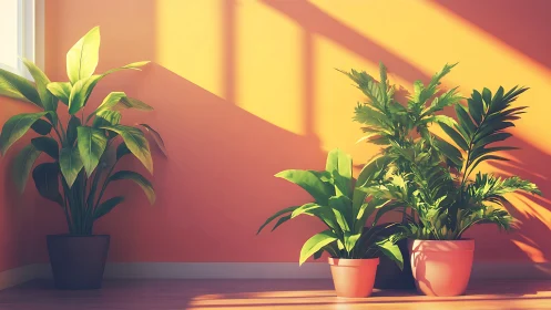 Sunny corner filled with cheerful, thriving houseplants.