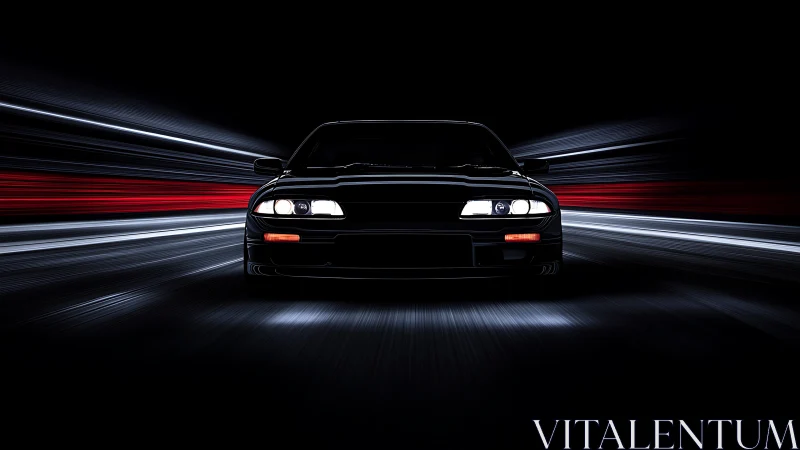 Black sports car front view in dark tunnel motion blur.