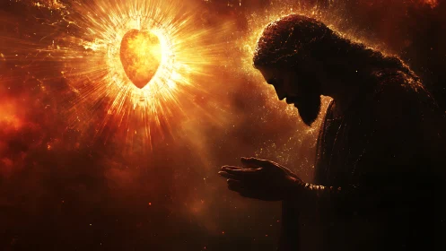 Luminous sacred heart ignites a haloed figure in prayer.