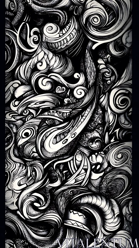 Whirling monochrome vortex with hidden surreal creatures.