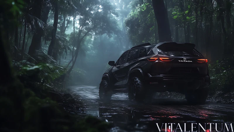 Off road SUV exits misty rainforest trail at dawn