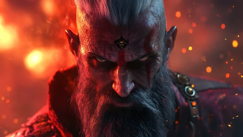 Battle-scarred warlord glares through blazing embers.