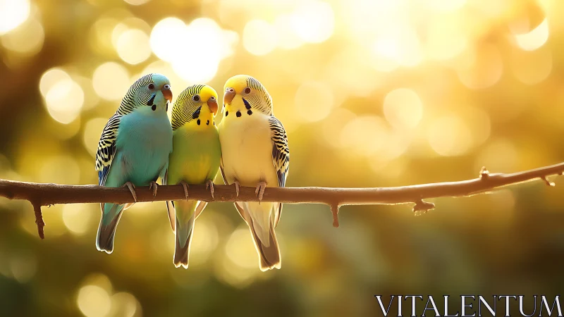 Three colorful budgerigars perched on branch in warm sunlight.