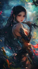 Warrior woman holds sword in dense, colored forest light