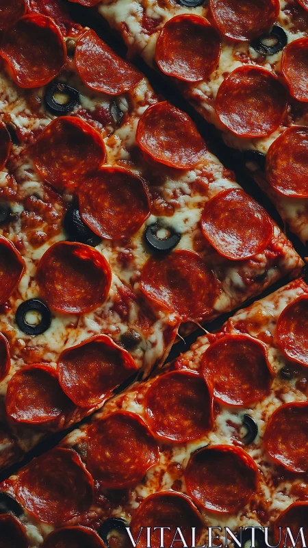 Pepperoni mosaic of sizzling slices and midnight olives.