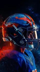 Futuristic football portrait with neon rim lighting and smoke.