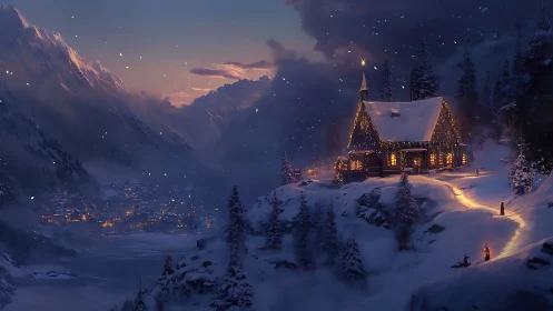 Snow-covered alpine cabin uses warm emissive lighting in dusk snowstorm