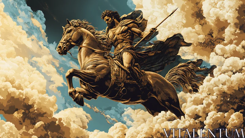 Mythic warrior on rearing horse storms sunlit clouds.