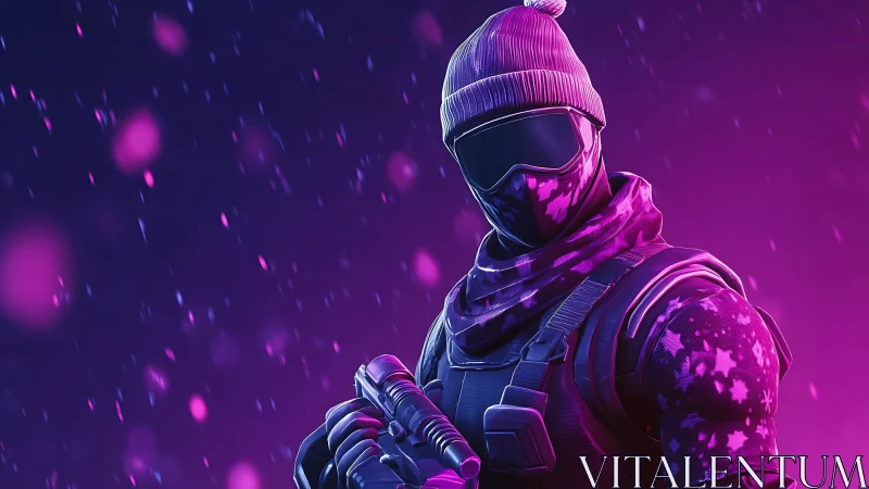 Neon sniper soldier in glowing purple digital battlefield.