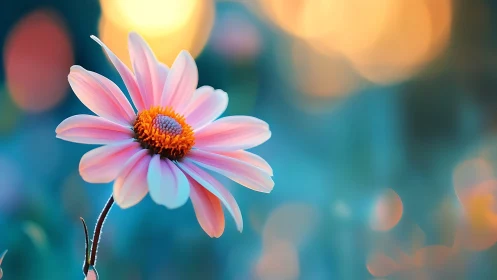 Pink daisy-type flower with orange center, shallow depth field blur