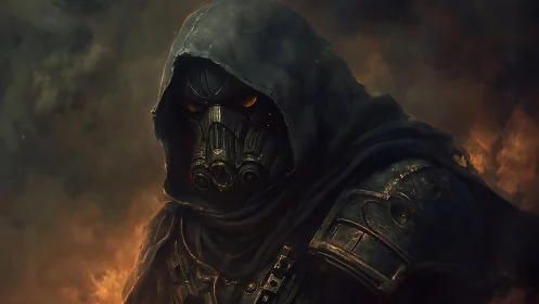 Hooded gasmask warrior in ember-lit apocalyptic haze.