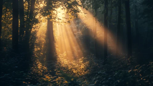 Sunbeams Streaming Through Trees in a Misty Forest, Moody Style.