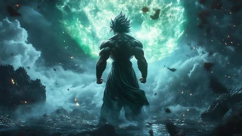 Muscular figure stands before luminous sphere in storm