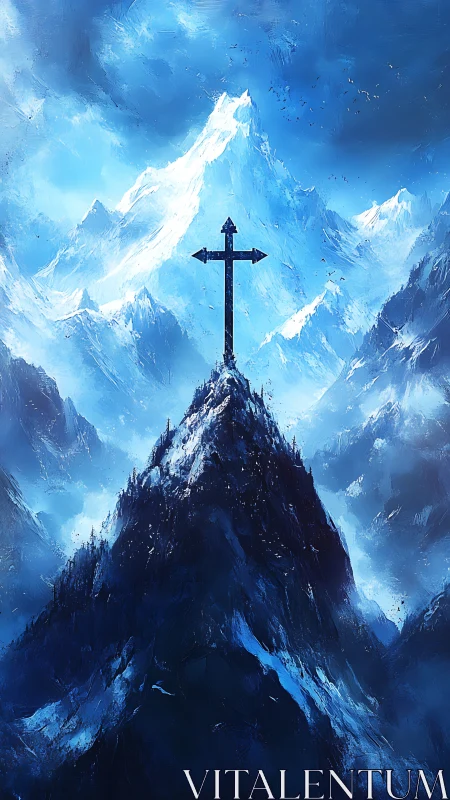 Majestic cross rises calmly above deep blue winter peaks