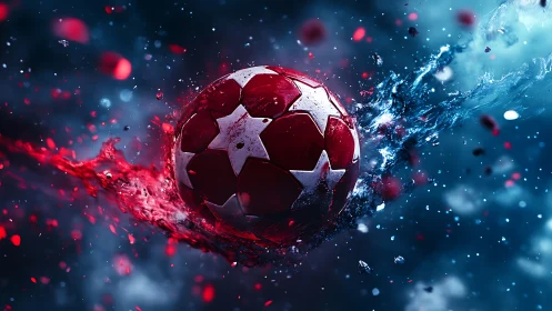 Exploding red football spins through liquid fire and ice energy