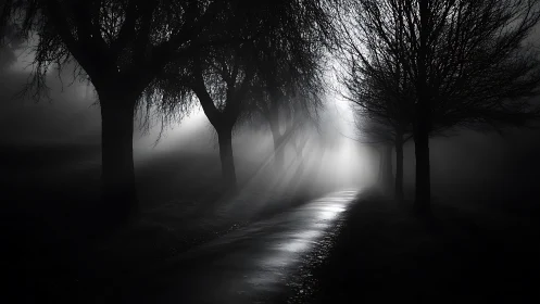 Foggy tree-lined path dissolves into bright white light.