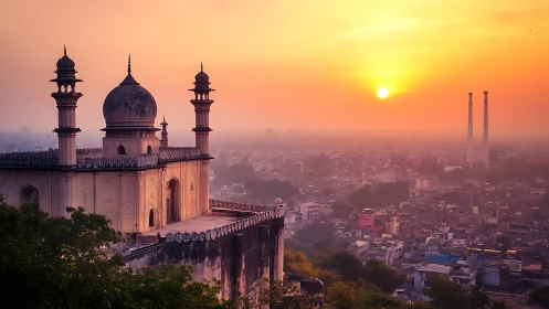Sunrise over domed fort bastion and hazy urban sprawl