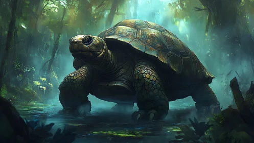Giant tortoise stands in misty jungle stream environment.