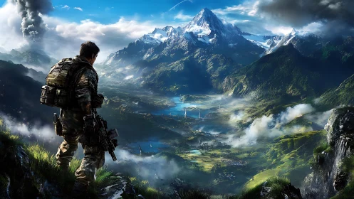 Lone explorer gazes over a vast, misty mountain valley.
