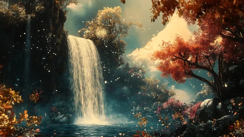 Autumnal fantasy waterfall framed by high contrast foliage and mist