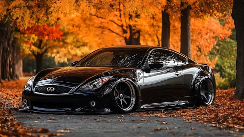 Black Infiniti coupe on forest road under autumn foliage.