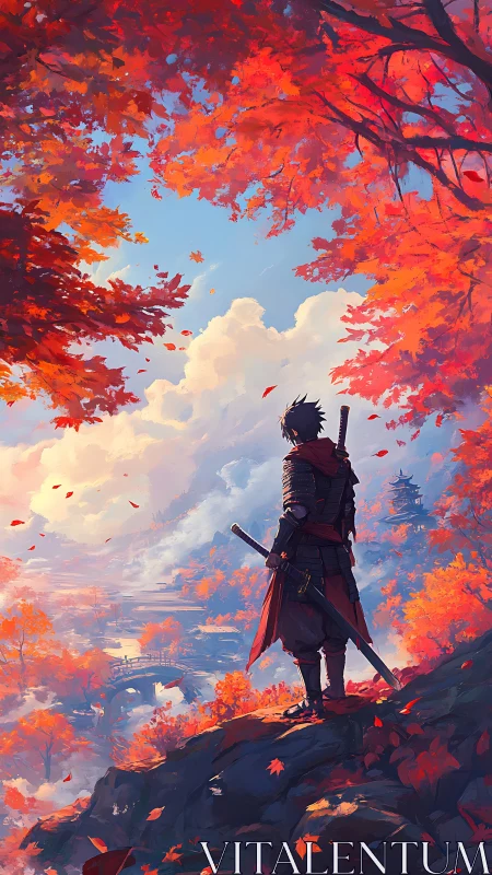 Wandering samurai under blazing autumn valley skies.