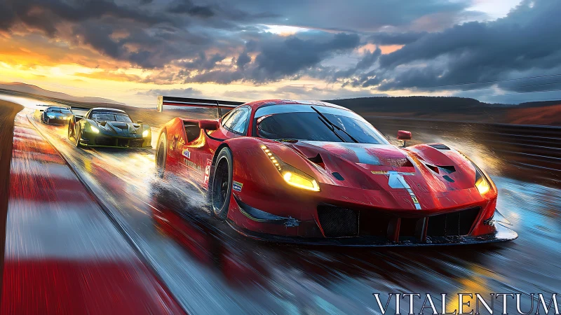 Red endurance race car powers through wet sunset track.