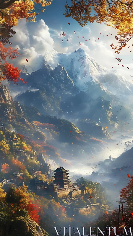 Mountain valley temple complex under clouds and autumn foliage.