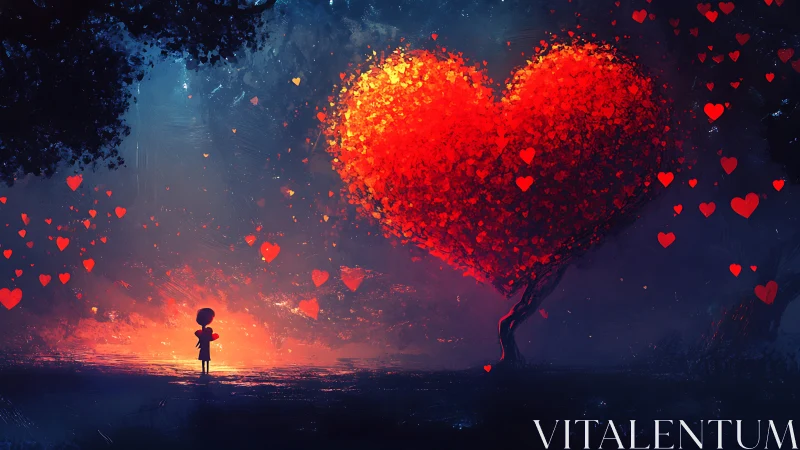 Silhouetted Child Beneath Glowing Heart Tree Digital Landscape.