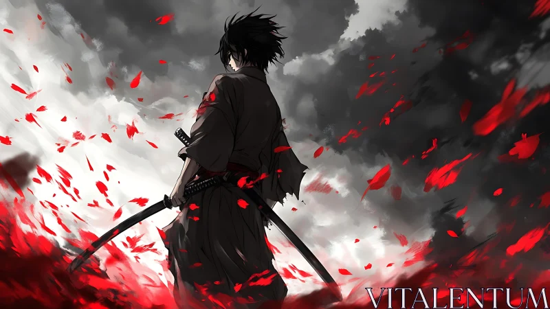 Lone samurai with dual katanas amid storm and crimson petals.