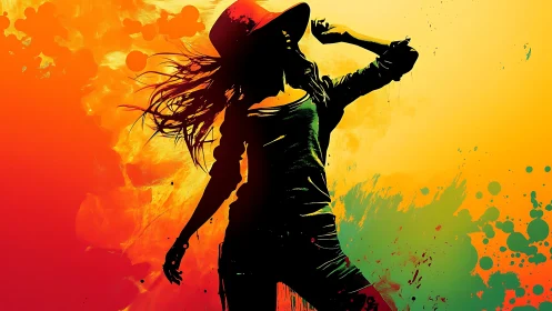 Silhouetted figure in hat stands against gradient paint field