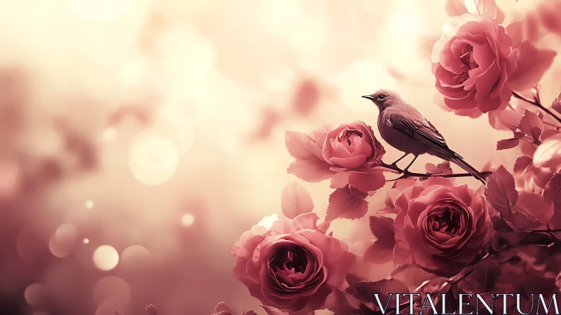 Small bird perched among blooming pink roses in soft light.