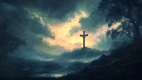 Lone stone cross rising over dark valley under storm clouds.