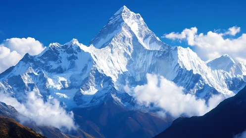Snowcapped Himalayan peak under crisp blue morning sky.