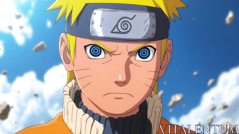 Close-up anime portrait renders determined ninja in dynamic sky