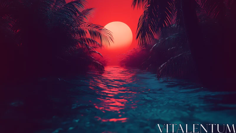 Neon lagoon sunset drifting between dreamy palm shadows.