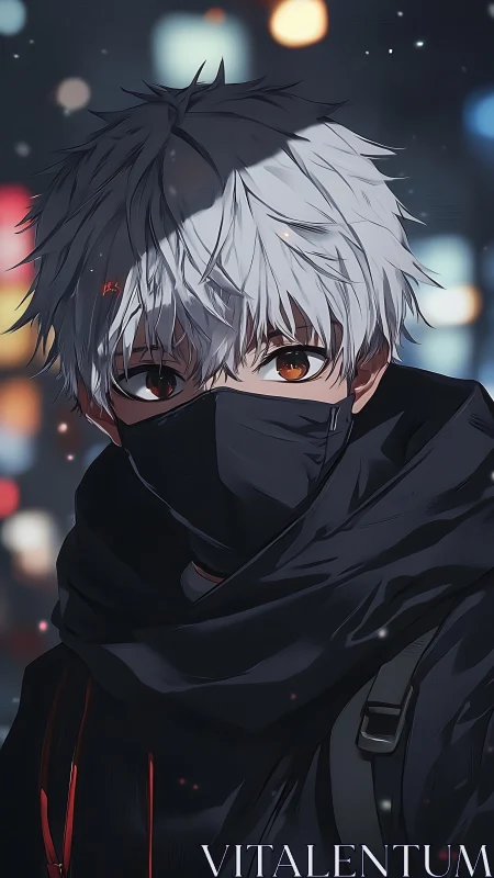 Hooded anime teen with white hair and mask in bokeh night city