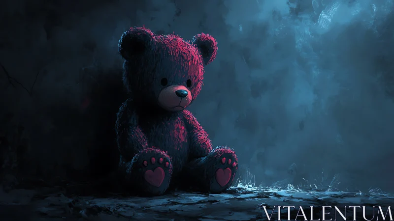 Soft teddy bear under cold rim lighting in desaturated corner